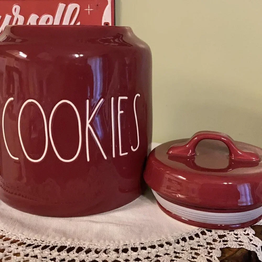 Rae Dunn Burgundy Ceramic Cookies Large Chubby Canister Jar NEW
